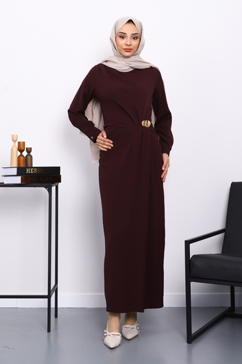 İmajButik Plum Front Draped Buckle Dress