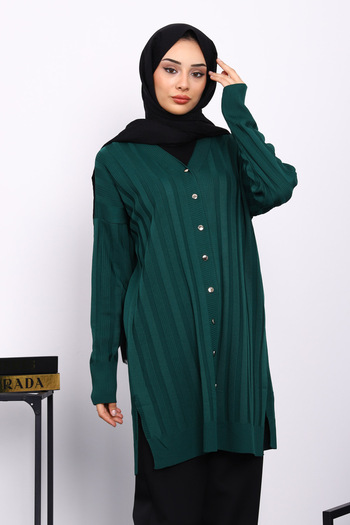 İmajButik Emerald Green Cold Yarn Buttoned Knitwear Cardigan