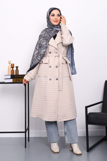İmajButik Quilted Coat with Stone Belt and Pocket Detail