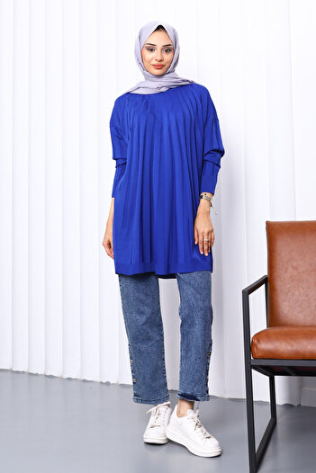 İmajButik Saks Blue Crew Neck Mercerized Knitwear Tunic