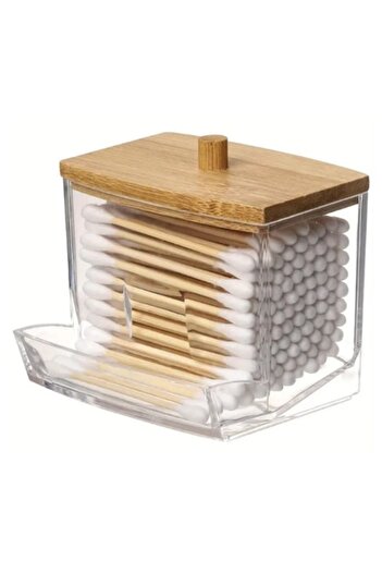 Aneliz Bamboo Lid Cotton Swab Holder – Modern Bathroom Organizer, Transparent/Brown, Compact Dimensions 9