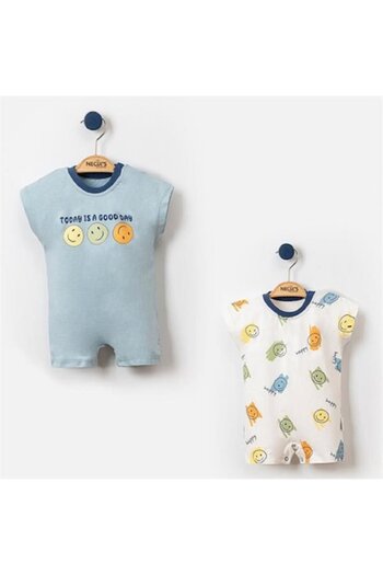 Miniworld Set 2 salopete scurte de vara pentru baieti, bumbac, imprimeuri colorate, varsta 0-3 luni, 62 cm