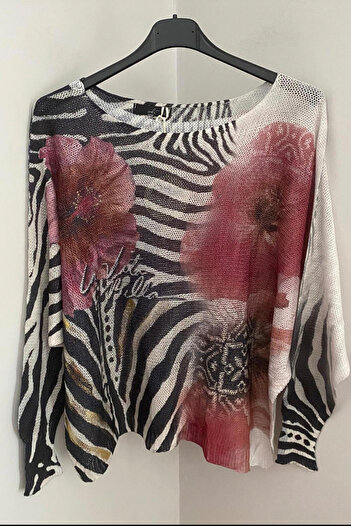 AYASOFYA OTANTIK Women's Italian White Poppy Zebra Patterned Leaf Detailed Batwing Sleeve Mercerized Blouse Sweater