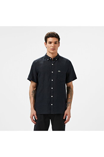 Lacoste Men's Regular Fit Short Sleeve Button Collar Linen Black Shirt