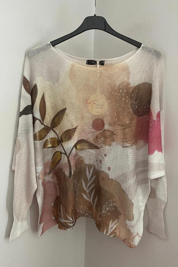 AYASOFYA OTANTIK Women's Italian Beige Sprout Patterned Foil Detailed Batwing Sleeve Mercerized Blouse Sweater