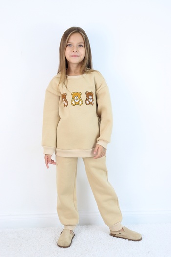 Harika KIDS Σετ κοριτσίστικο 3 τεμαχίων με κέντημα αρκουδάκι με 3 κλωστές Oversize σε χρώμα λουλουδάτο
