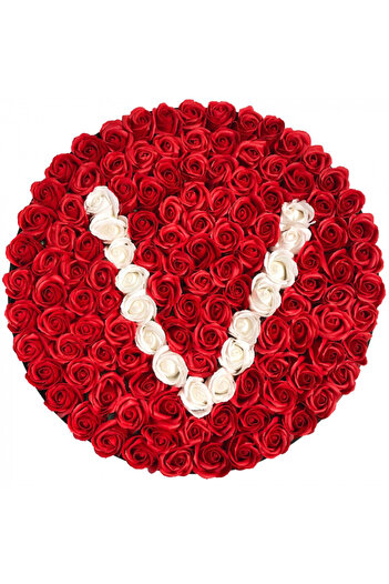 velve Personalized floral arrangement with letter, black round box with 101 soap roses, Letter V