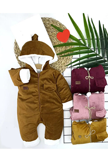 ALFA AKSESUAR 03 3-6-9-12 Months Zipper Closure Velvet Fabric Inside Furry Baby Girl Boy Jumpsuit Beige