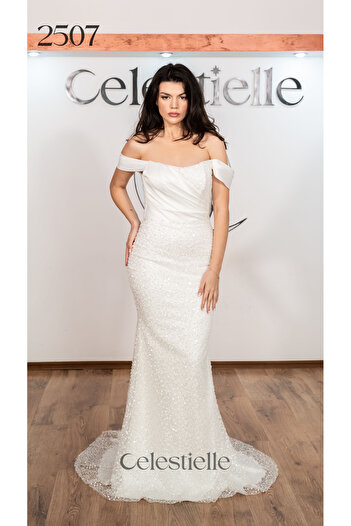 Celestielle Mermaid wedding dress in taffeta with sequins and off-the-shoulder sleeves