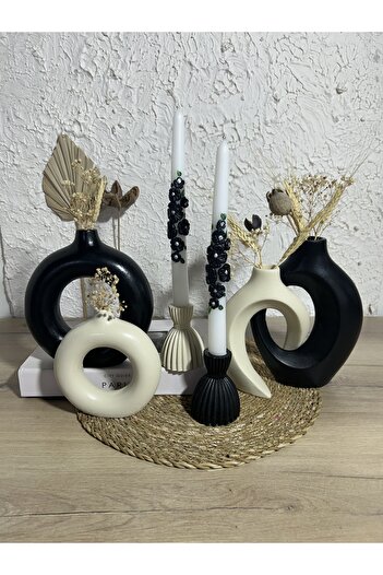 Zigzag Home Decorative 6 Piece Bohemian Style Ivy Vase Ring Vase and Damask Candle Holder Set Trinket Set