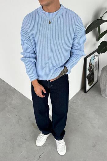 HAFKAGİYİM Baby Blue Crew Neck Ribbed Oversize Knit Sweater