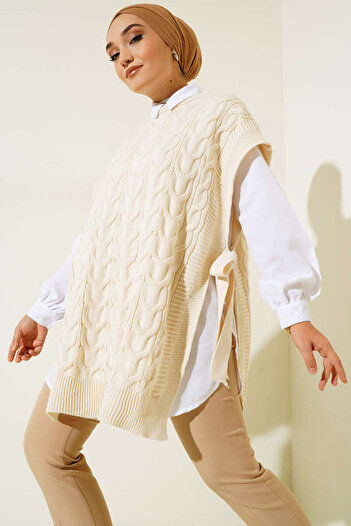 Kombinazon Elis Knitted Patterned Side Tie Sweater