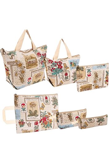 Belle Vous Set of 6 women's bags, made of cotton, with zipper, suitable for travel, print, Brown