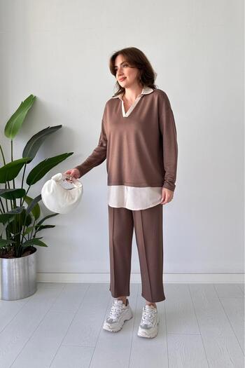 MaziButik Collar Garnished Comfortable Suit Brown