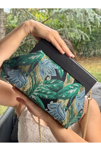 JOPHIEL Penalope Collection - Chain, Wooden Handle Fabric Bag, Clutch, Handbag, Purse