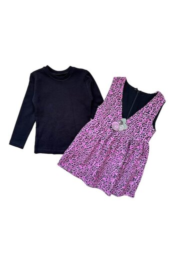 Miniworld - Rochita fete animal print cu bluza neagra din bumbac, varsta 4-5 ani, 110 cm, Mov