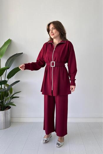 MaziButik Pile Detail Double Suit Burgundy