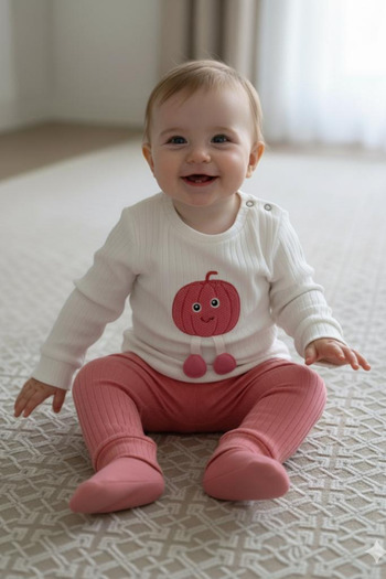 NAFİTTO Baby Girl Two-Piece Set – Cute Patterned Sweatshirt and Pink Bottoms, Organic Cotton Comfortable Casual Set