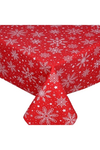 SHOPIENS Decorative Christmas Tablecloth, Red with White Snowflakes and Stars, 180x140cm
