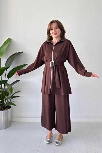 MaziButik Pile Detail Double Suit Brown