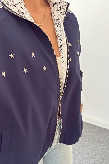 Suziş Lace Lining Zippered Dark Blue Jacket Kl9005