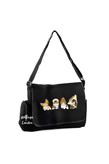 Minga London Black French Bakery Printed Messenger Bag with Pockets-Minga London