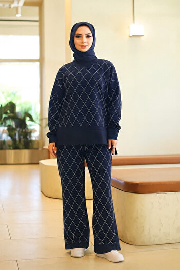 moda paketi Oversize Plaid Pattern Sweat & Trouser Set