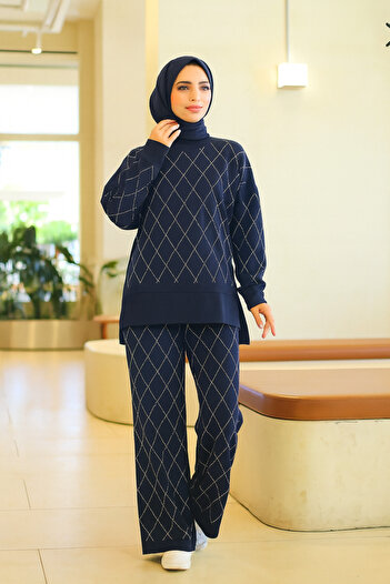 moda paketi Oversize Plaid Pattern Sweat & Trouser Set