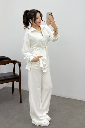 Bipantolon Women's White Elastic Waist Zippered Modal Sweat Suit
