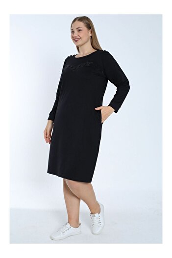 LC Waikiki Women's Black Plus Size Long Sleeve Stone Detailed Pocket Cotton Dress