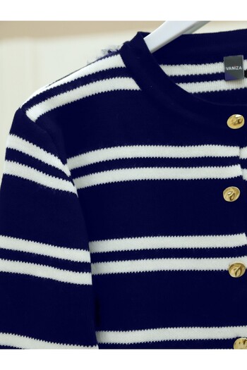 Modamorfo Shiny Buttoned Striped Knit Cardigan - Navy