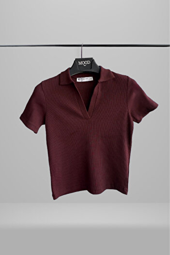 Mood Lab Women's Burgundy Polo Neck Ribbed Camisole Short Sleeve T-Shirt