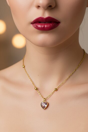 zarifje Steel Gold Color Heart Necklace Model