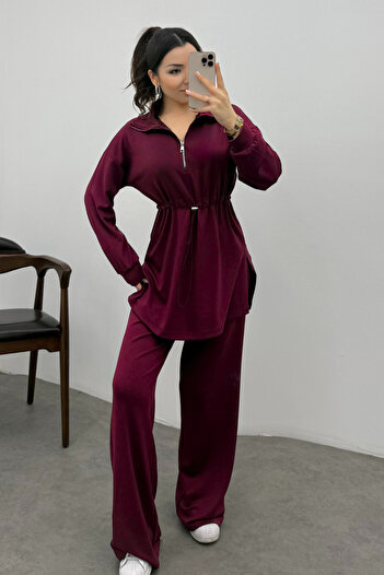 Bipantolon Women's Burgundy Elastic Waist Zippered Modal Sweat Suit