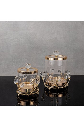 Hinora Crystal Drop Stone Stand Glass Jar Set of Two 16X16X22Cm-13X13X16Cm