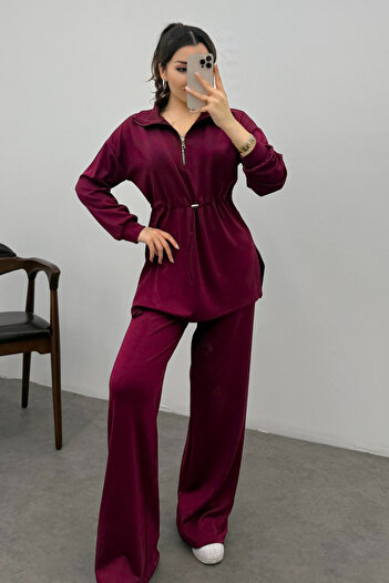 Bipantolon Women's Burgundy Elastic Waist Zippered Modal Sweat Suit