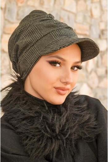 Aişe tesettür Khaki Black Plaid Pattern Hijab Hat