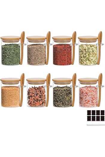 Generic KUAIJI 8-Pack250 ml (8i45 oz) Glass Jar With Tight Wooden Lid and Spoon, Only Suitable For Spices, S
