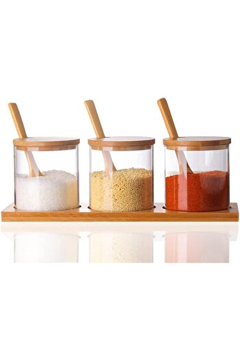 Generic Lawei Set of 3 Condiment Jar with Lids and Spoons - Glass Sugar Bowls Sugar Salt Container Set for S