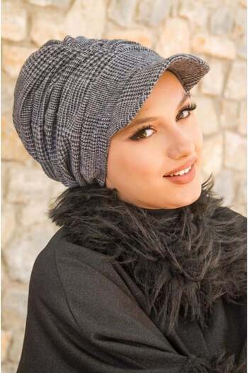 Aişe tesettür Gray Black Plaid Pattern Hijab Hat