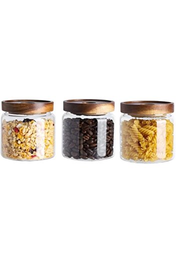 Generic GGEROU Airtight Glass Storage Jar with Acacia Wood Air-tight Lid,3 Pack Borosilicate Glass Kitchen C