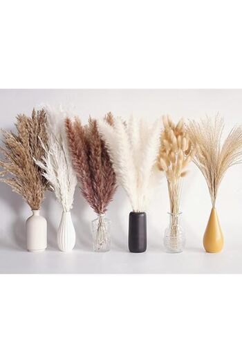 Generic Purfex 110 Pcs Dried Pampas Grass Bouquet, Bunny Tails & Pampas Grass, Brown & White, Boho Home Deco