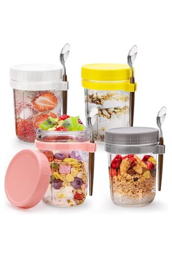 genric Pretocter 4 Pcs Overnight Oats Containers with Lids and Spoons 12 Oz Glass Mason Jars for Overnight