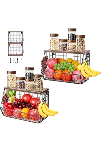 genric Dovakiss 2pcs Fruit Basket Kitchen Storage Basket with Wood Lid, Stackable Wall Mounted Basket Fruit