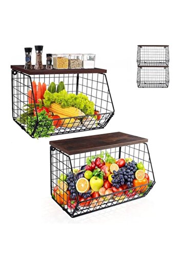 genric BETAM 2pcs Fruit Basket Onion Storage Wire Baskets with Wood Top,Kitchen Cabinet Shelf Countertop Or