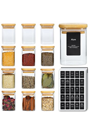 genric 12Pcs Glass Spice Jars with Bamboo Lid, 8oz Airtight Square Containers with 275 Black Lables, Empty