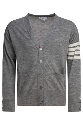 THOM BROWNE CLASSIC V-NECK CARDIGAN IN FINE MERINO WOOL W/ 4BAR STRIPES