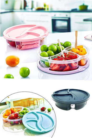 HarmonyAura Diet Storage Container 3 Compartments Practical Round Nutrition Breakfast Container Dark Gray