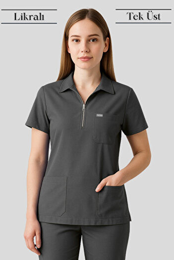 Simirna Üniforma Polo Neck Zipper Premium Fabric Lycra Surgical Doctor Nurse Scrubs Single Top Uniform