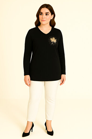 Curvy Trend Plus Size Sycamore Leaf Applique Stone Blouse